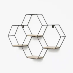 Vierdubbel zeshoekig metalen wandrek met 4 houten plankjes - 40,5x58 cm - Zwart