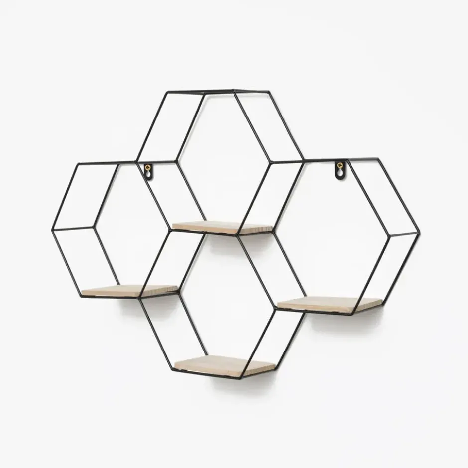 Vierdubbel zeshoekig metalen wandrek met 4 houten plankjes - 40,5x58 cm - Zwart