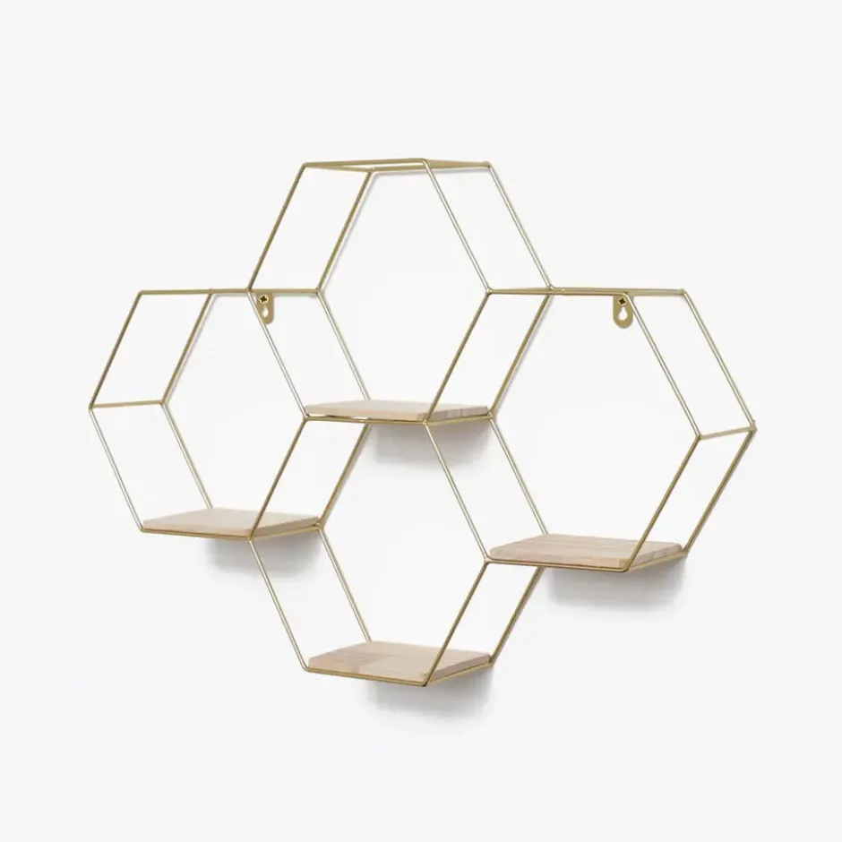Vierdubbel zeshoekig metalen wandrek met 4 houten plankjes - 40,5x58 cm - Goud