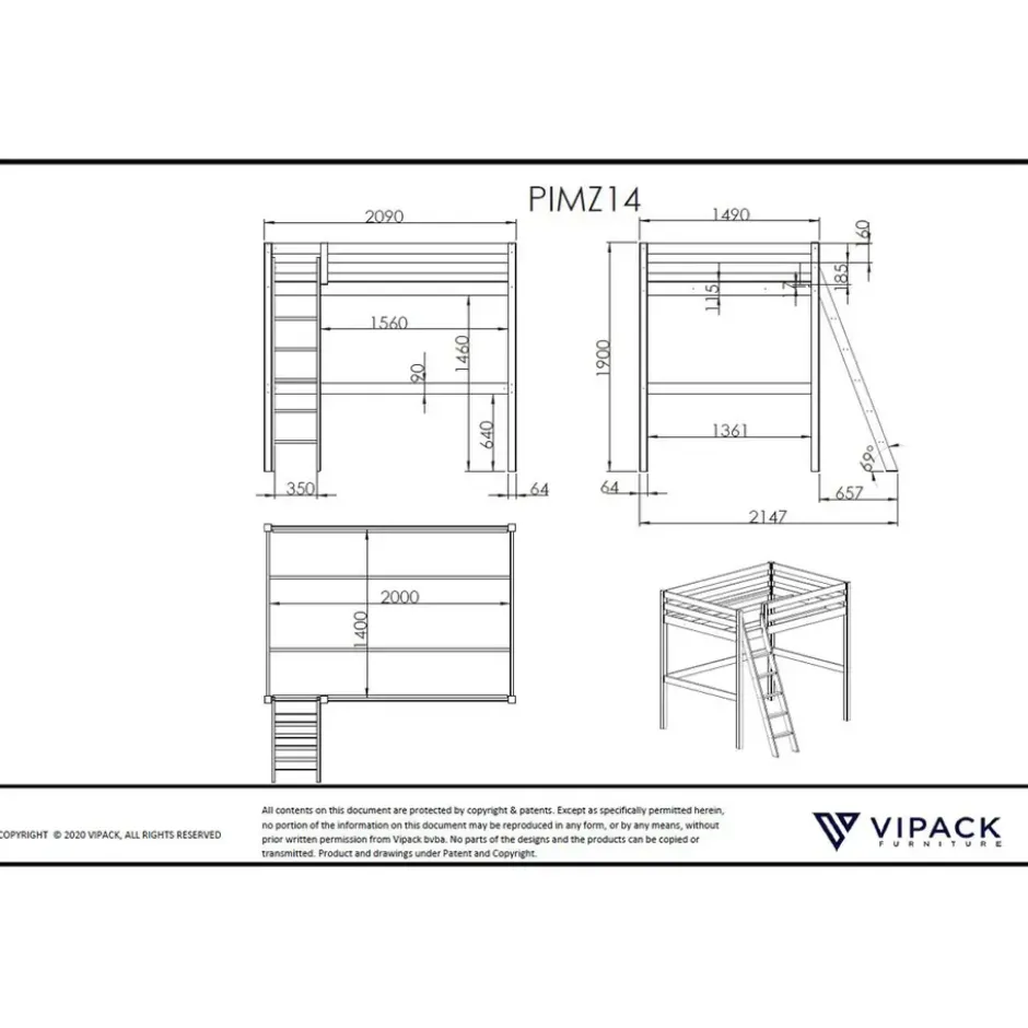 Vipack hoogslaper Pino - wit - 209x215x190 cm