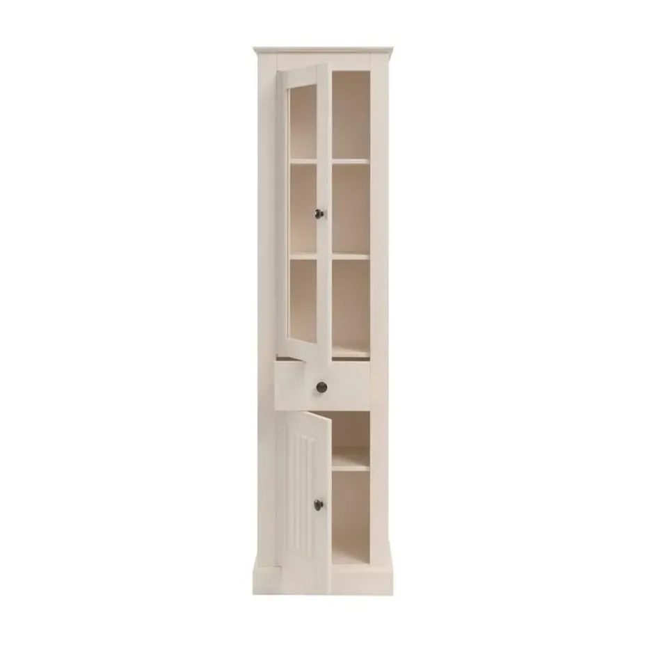 Vitrinekast Mille met deuren en lade – massief grenen – wit