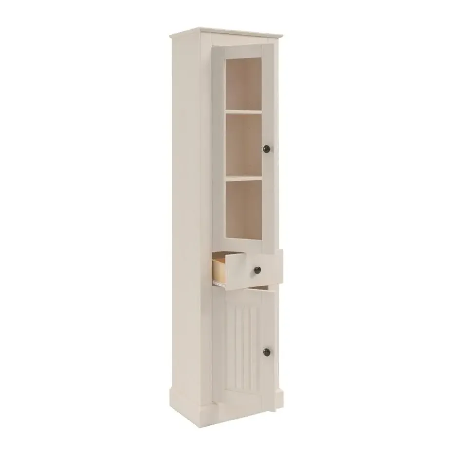 Vitrinekast Mille met deuren en lade – massief grenen – wit