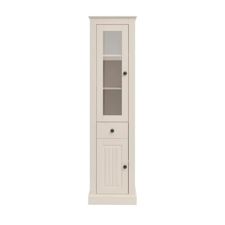 Vitrinekast Mille met deuren en lade – massief grenen – wit