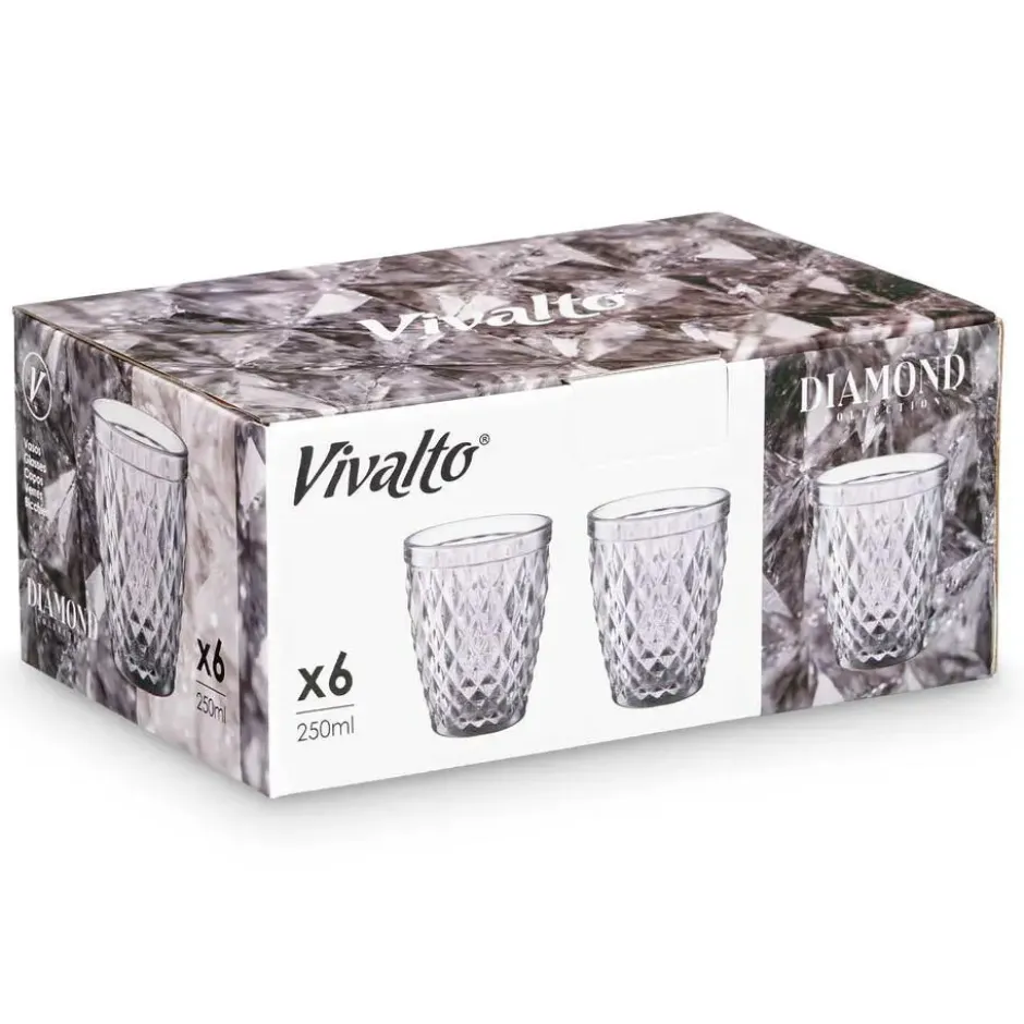 Vivalto Drinkglazen Diamonds - grijs glas - 6x - 250 ml