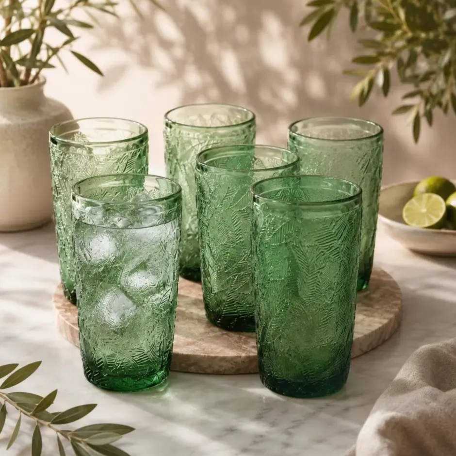 Vivalto Drinkglazen Tropical Palms - groen - 6x - 370 ml