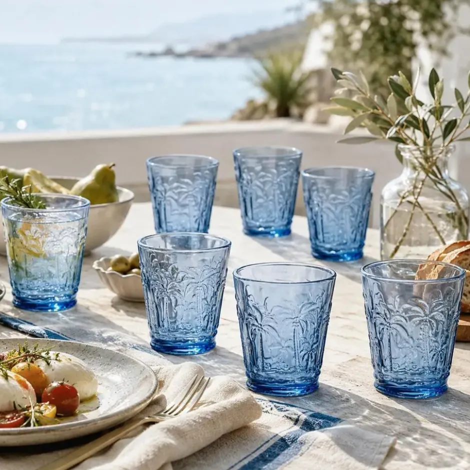 Vivalto Drinkglazen Tropical Palms - blauw - 6x - 290 ml