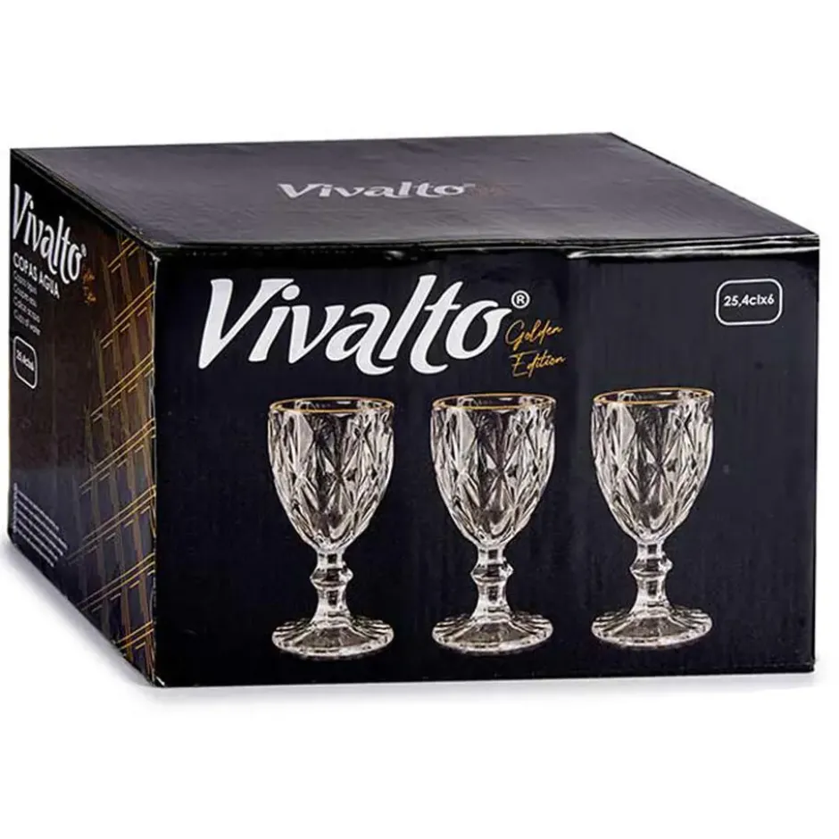 Vivalto Wijnglazen - 6x - kristal look - gouden rand - 254 ml