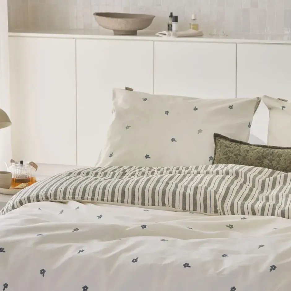 Walra - Dekbedovertrek Remade Blossom Lines - 240x220 cm - Off White / Groen