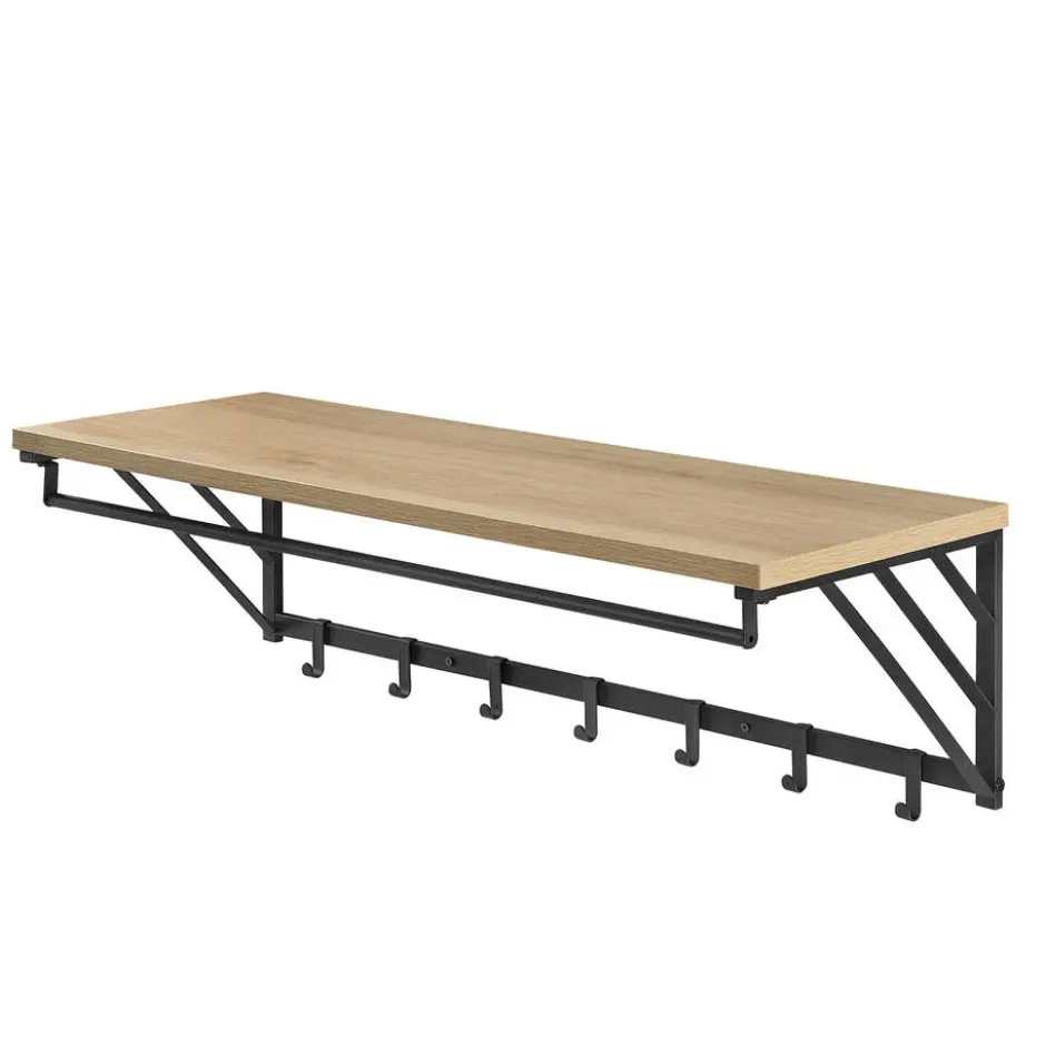 Wandkapstok - industriële look - 7 haken - 90x26x30 cm - lichte eik