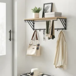 Wandkapstok - industriële look - 7 haken - 90x26x30 cm - lichte eik