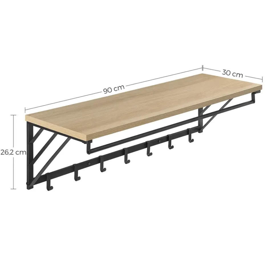 Wandkapstok - industriële look - 7 haken - 90x26x30 cm - lichte eik