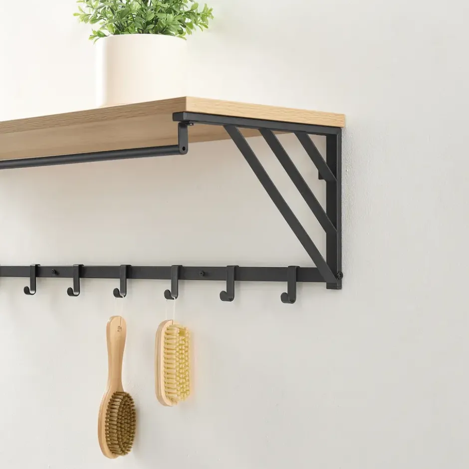 Wandkapstok - industriële look - 7 haken - 90x26x30 cm - lichte eik