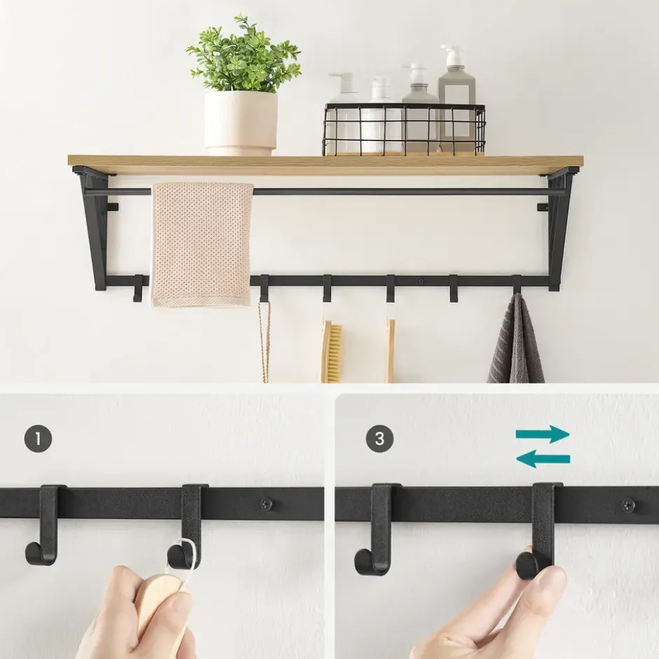 Wandkapstok - industriële look - 7 haken - 90x26x30 cm - lichte eik