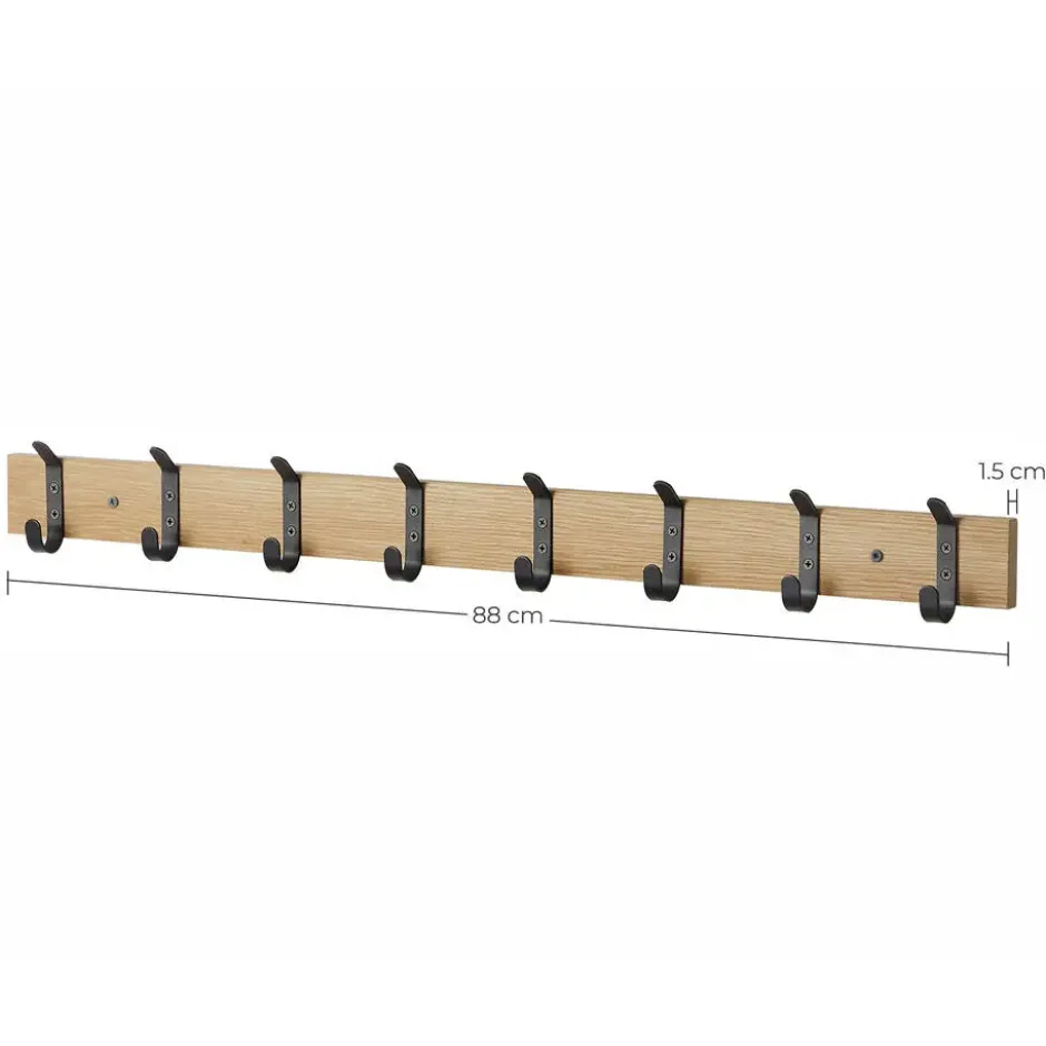 Wandkapstok - Kapstok met 8 Zwarte Haken - 88 cm - Lichte Eik