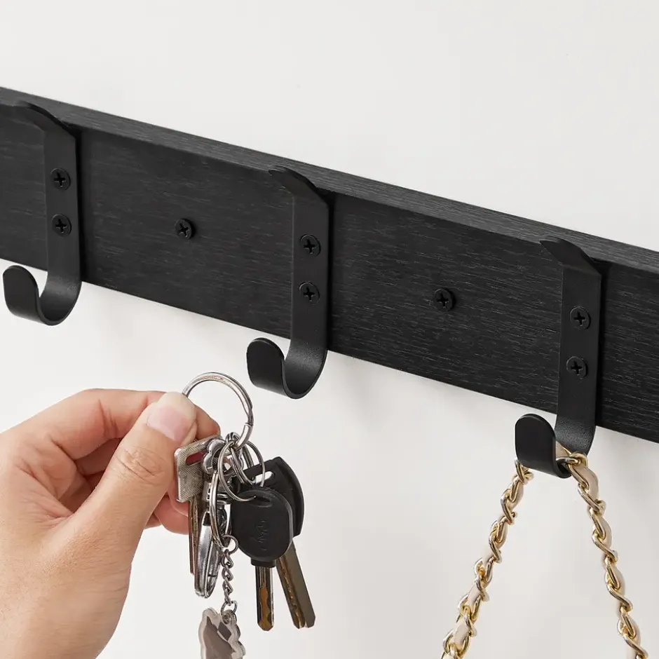 Wandkapstok met 6 Haken - compacte houten Muurkapstok - Zwart