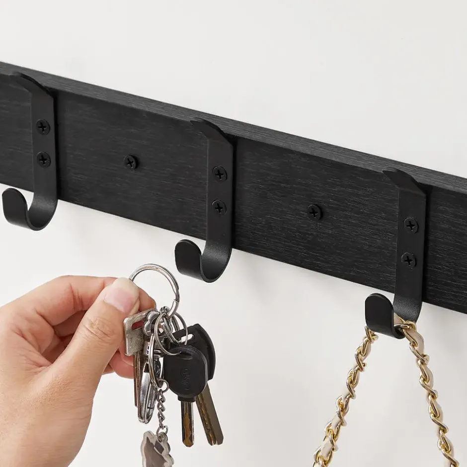 Wandkapstok met 6 Haken - compacte houten Muurkapstok - Zwart
