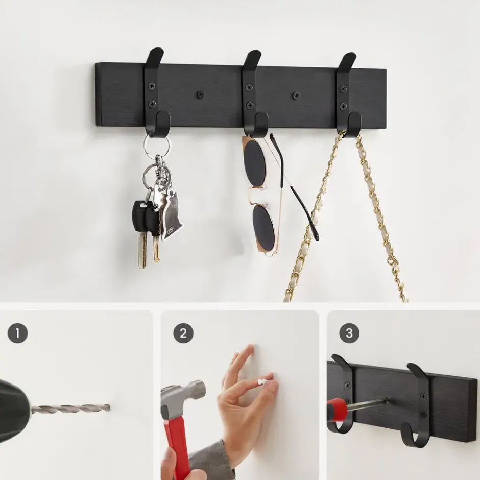 Wandkapstok met 6 Haken - compacte houten Muurkapstok - Zwart