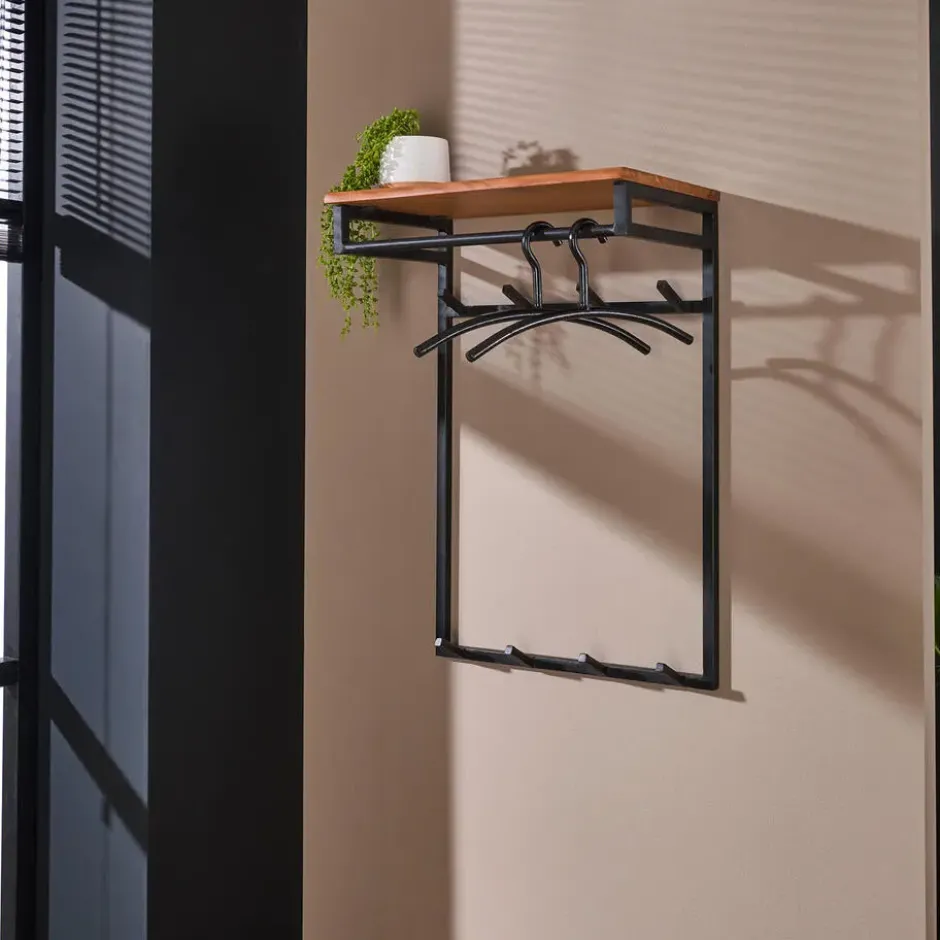 Wandkapstok Met Hoedenplank - 2x 4 Haken - Acaciahout & Metaal