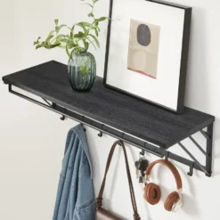 Wandkapstok met Plank en 7 Haken, Metaal en Hout, Zwart