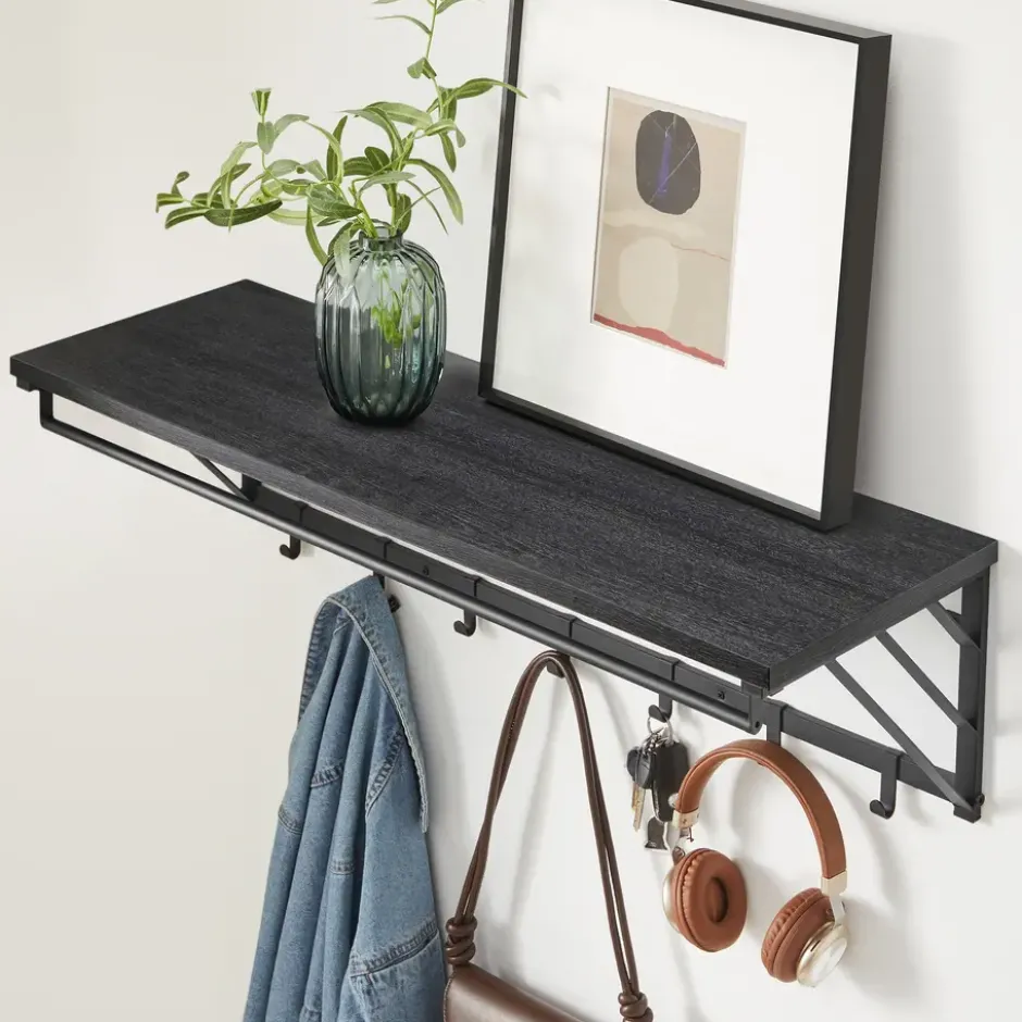 Wandkapstok met Plank en 7 Haken, Metaal en Hout, Zwart