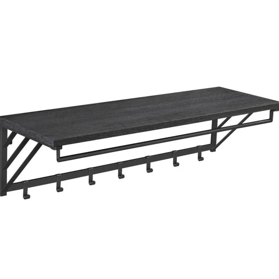 Wandkapstok met Plank en 7 Haken, Metaal en Hout, Zwart