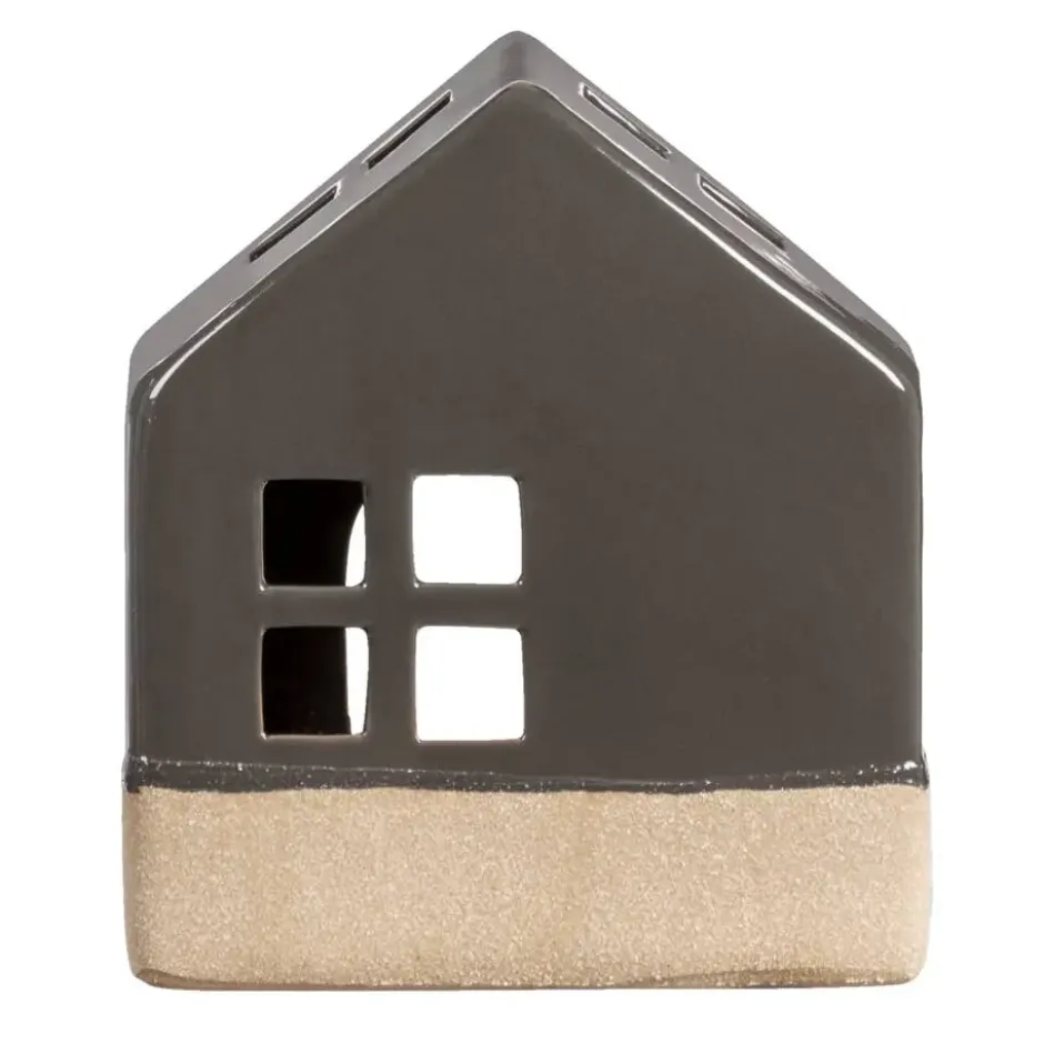 Waxinelichthouder Huis - antraciet - 14x12x7 cm