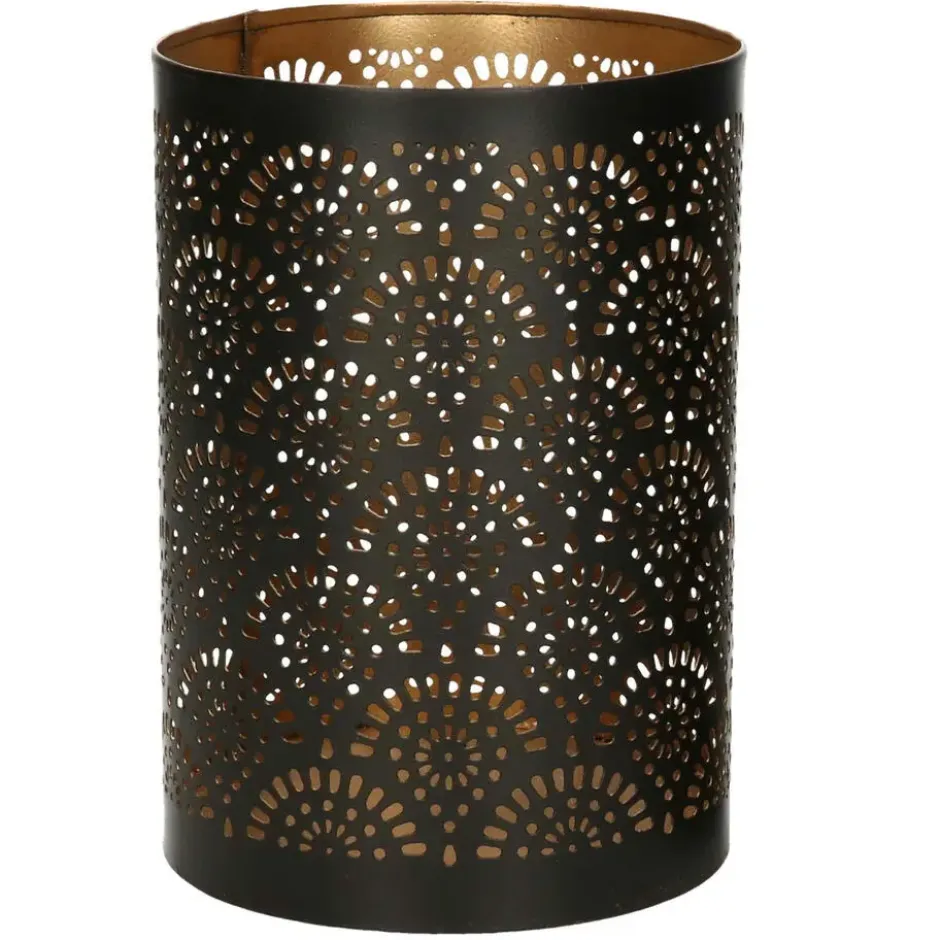 Windlicht - motief - 2x - zwart/goud - 10/15 cm - theelichthouder
