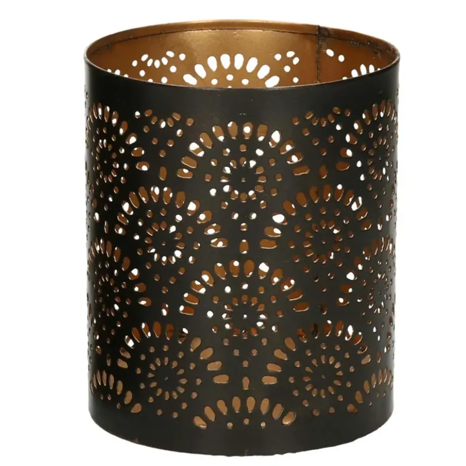 Windlicht - motief - 2x - zwart/goud - 10/15 cm - theelichthouder