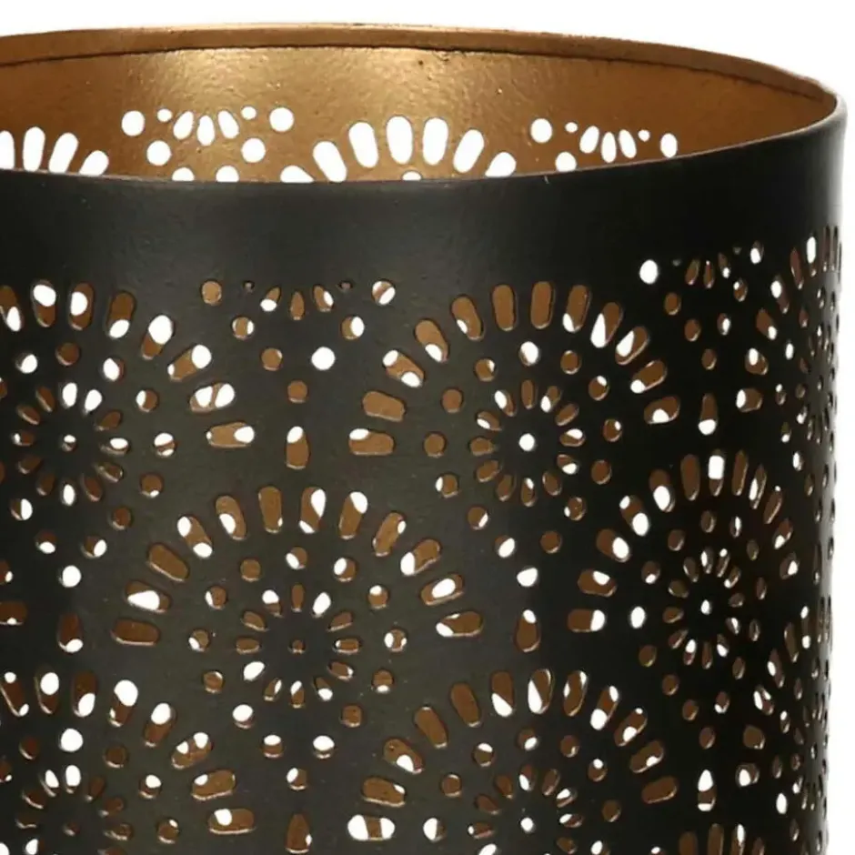 Windlicht - motief - 2x - zwart/goud - 10/15 cm - theelichthouder