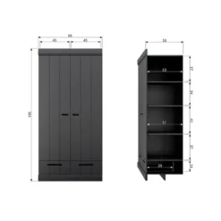 WOOOD Connect Kledingkast 2-Deurs met Lade- Grenen - Zwart - 195x94x53