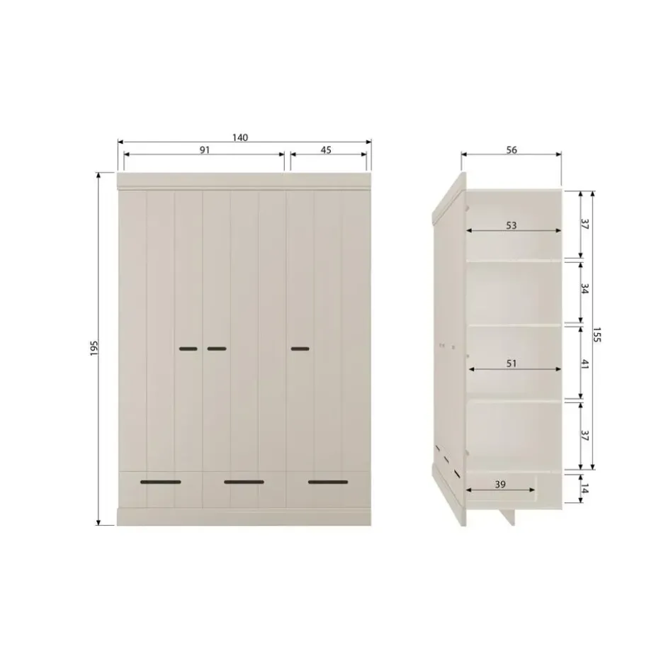 WOOOD Connect Kledingkast 3-Deurs met Lade - Grenen -Dust - 195x140x53