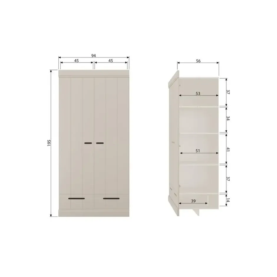 WOOOD Connect Kledingkast 2-Deurs met lade - Grenen - Dust - 195x94x53