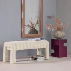 WOOOD Frex Bankje Gestoffeerd - Bouclé - Naturel - 48x110x43