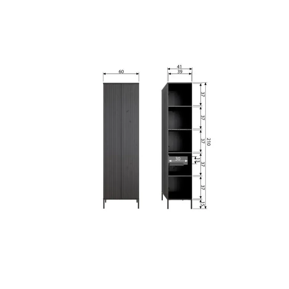 WOOOD New Gravure Hoge Kast - Grenen - Zwart - 210x60x42