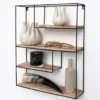 Zwart metalen wandrek met 4 houten plankjes - Rechthoek - 55x45x11 cm