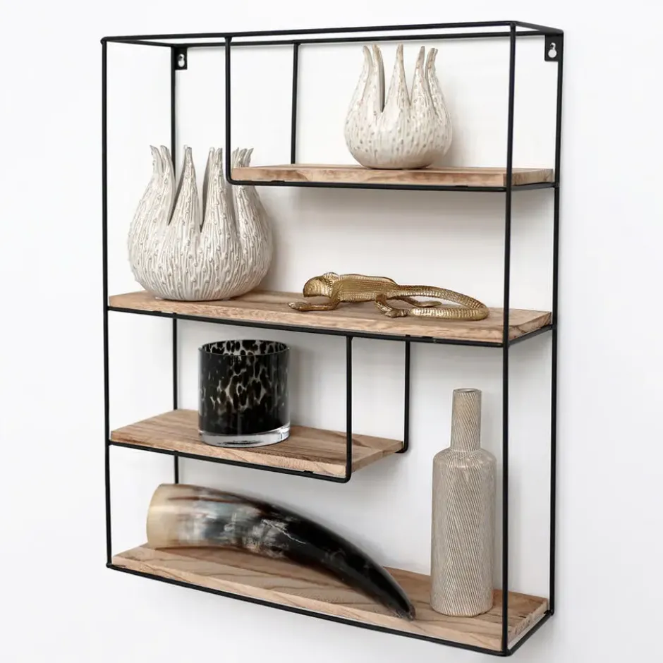 Zwart metalen wandrek met 4 houten plankjes - Rechthoek - 55x45x11 cm