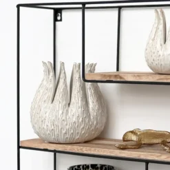 Zwart metalen wandrek met 4 houten plankjes - Rechthoek - 55x45x11 cm