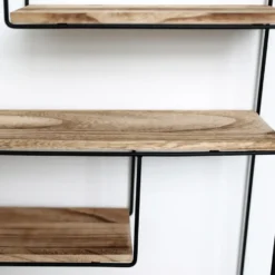 Zwart metalen wandrek met 4 houten plankjes - Rechthoek - 55x45x11 cm