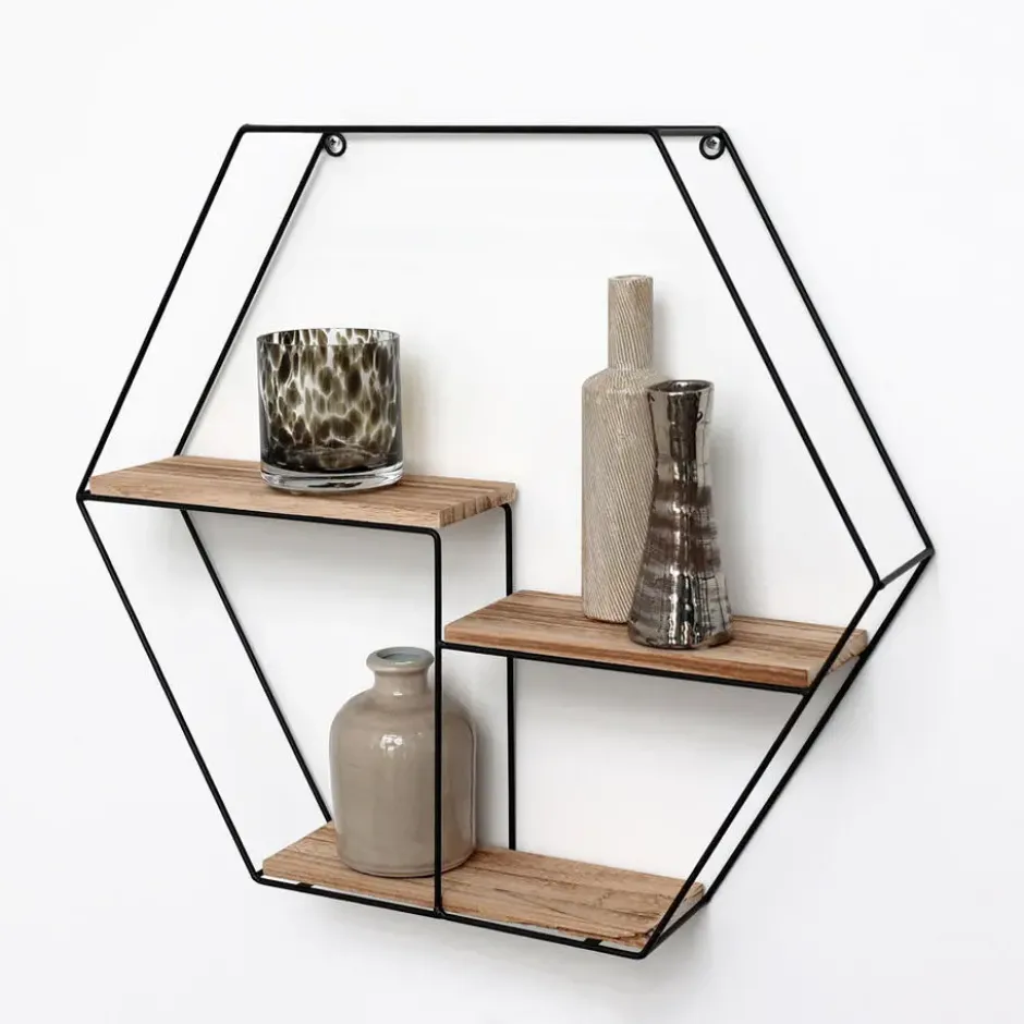 Zwart metalen wandrek met 3 houten plankjes - Zeshoek - 48x55x10 cm