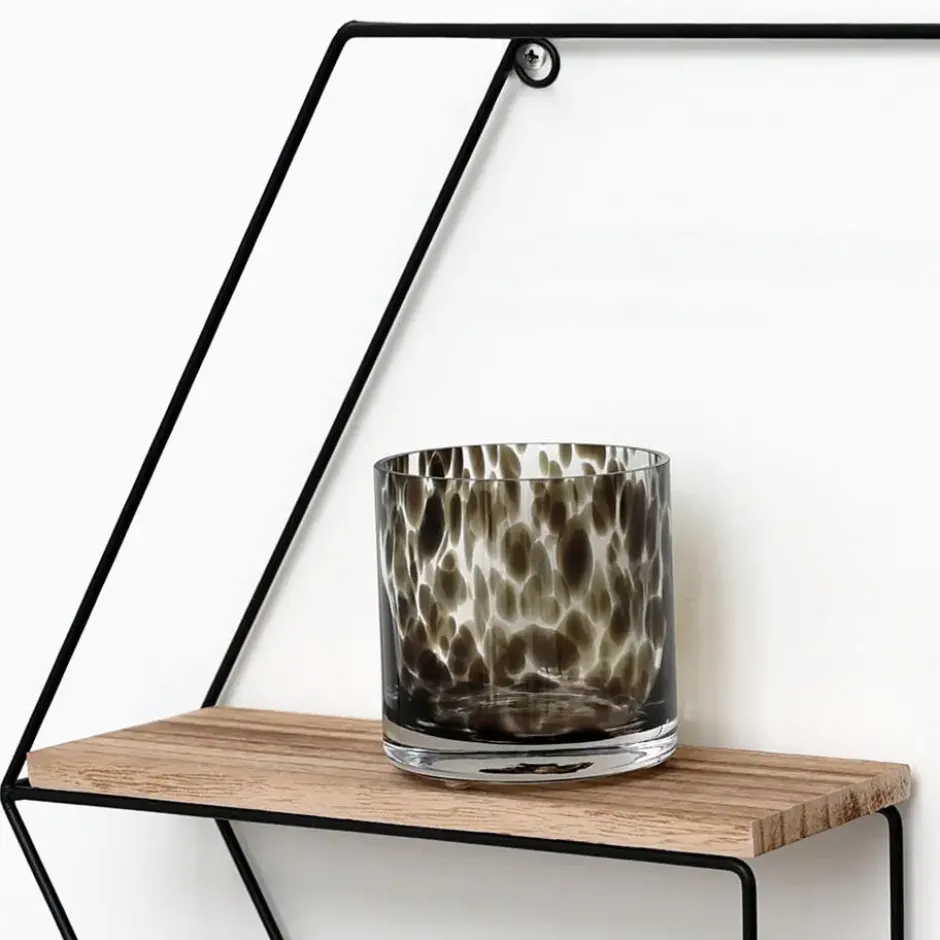 Zwart metalen wandrek met 3 houten plankjes - Zeshoek - 48x55x10 cm
