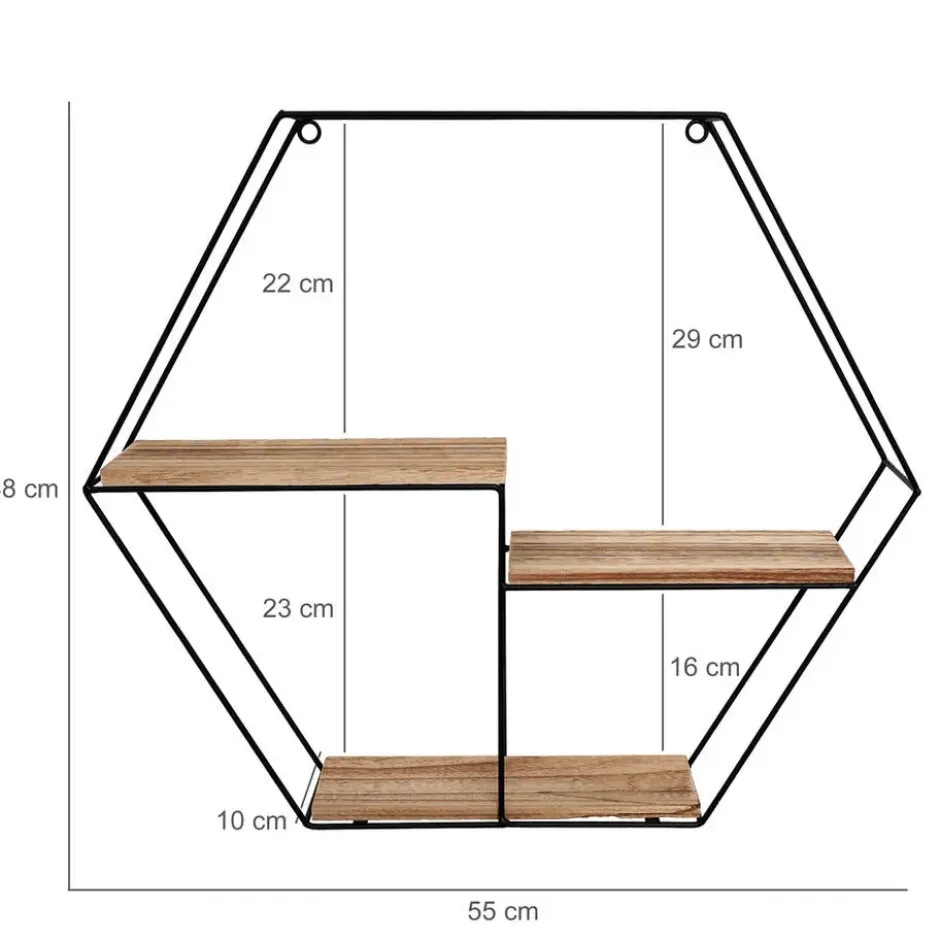 Zwart metalen wandrek met 3 houten plankjes - Zeshoek - 48x55x10 cm