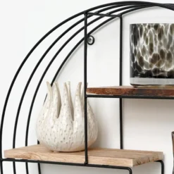 Zwart metalen wandrek met 4 houten plankjes - Rond - 50x11 cm