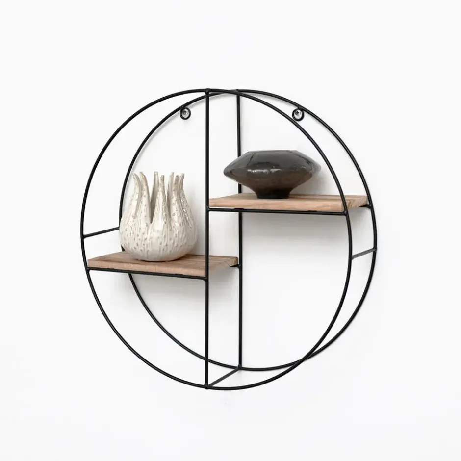 Zwart metalen wandrek met 2 houten plankjes - Rond - 37x10 cm