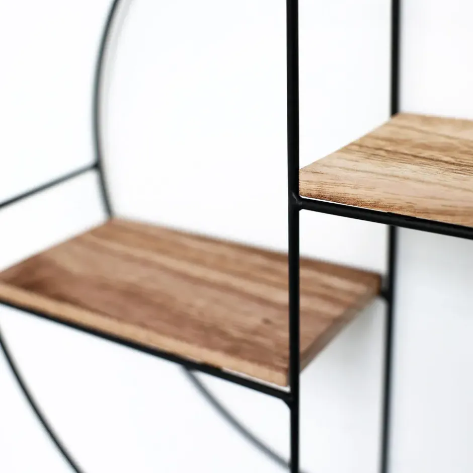 Zwart metalen wandrek met 2 houten plankjes - Rond - 37x10 cm