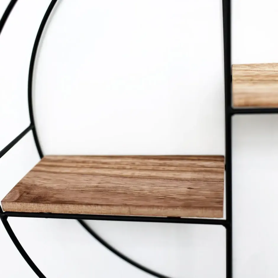 Zwart metalen wandrek met 2 houten plankjes - Rond - 37x10 cm