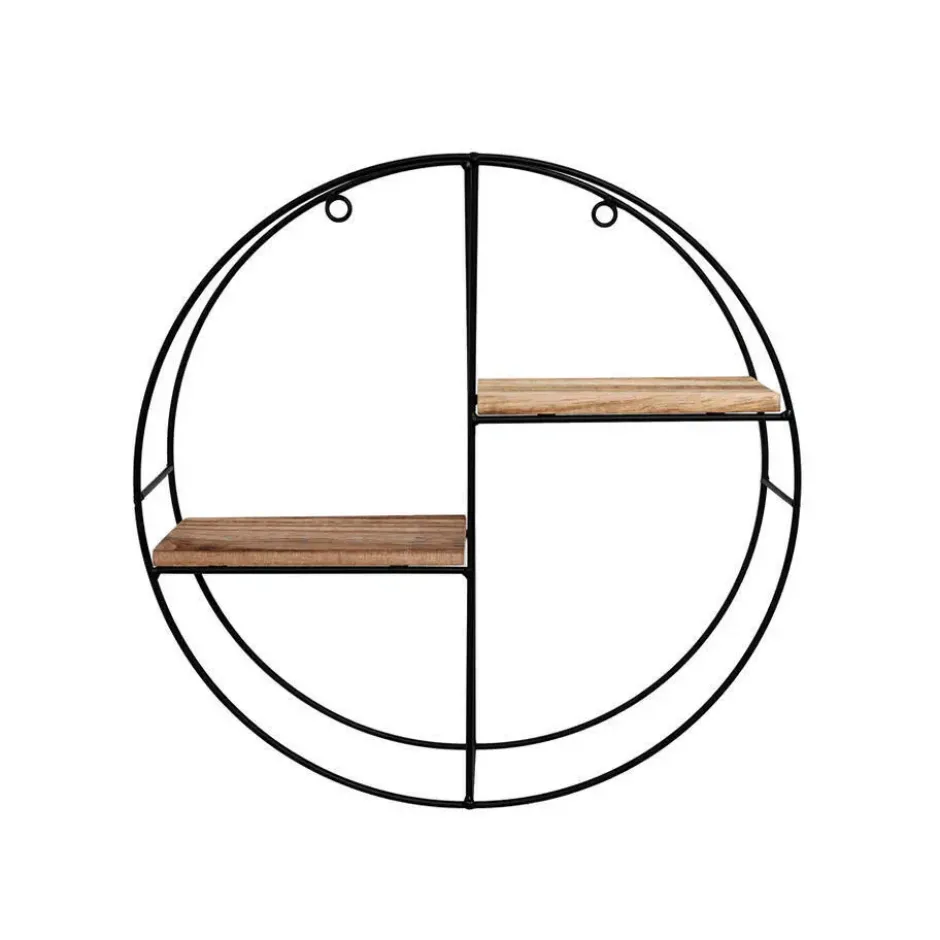 Zwart metalen wandrek met 2 houten plankjes - Rond - 37x10 cm