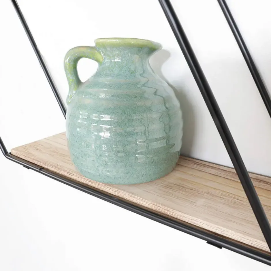 Zwart metalen wandrek met 3 houten plankjes - Zeshoek diagonaal