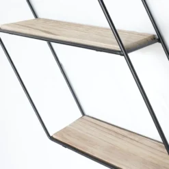 Zwart metalen wandrek met 3 houten plankjes - Zeshoek diagonaal