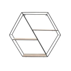 Zwart metalen wandrek met 3 houten plankjes - Zeshoek diagonaal