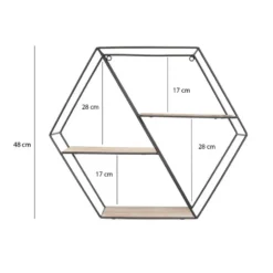 Zwart metalen wandrek met 3 houten plankjes - Zeshoek diagonaal
